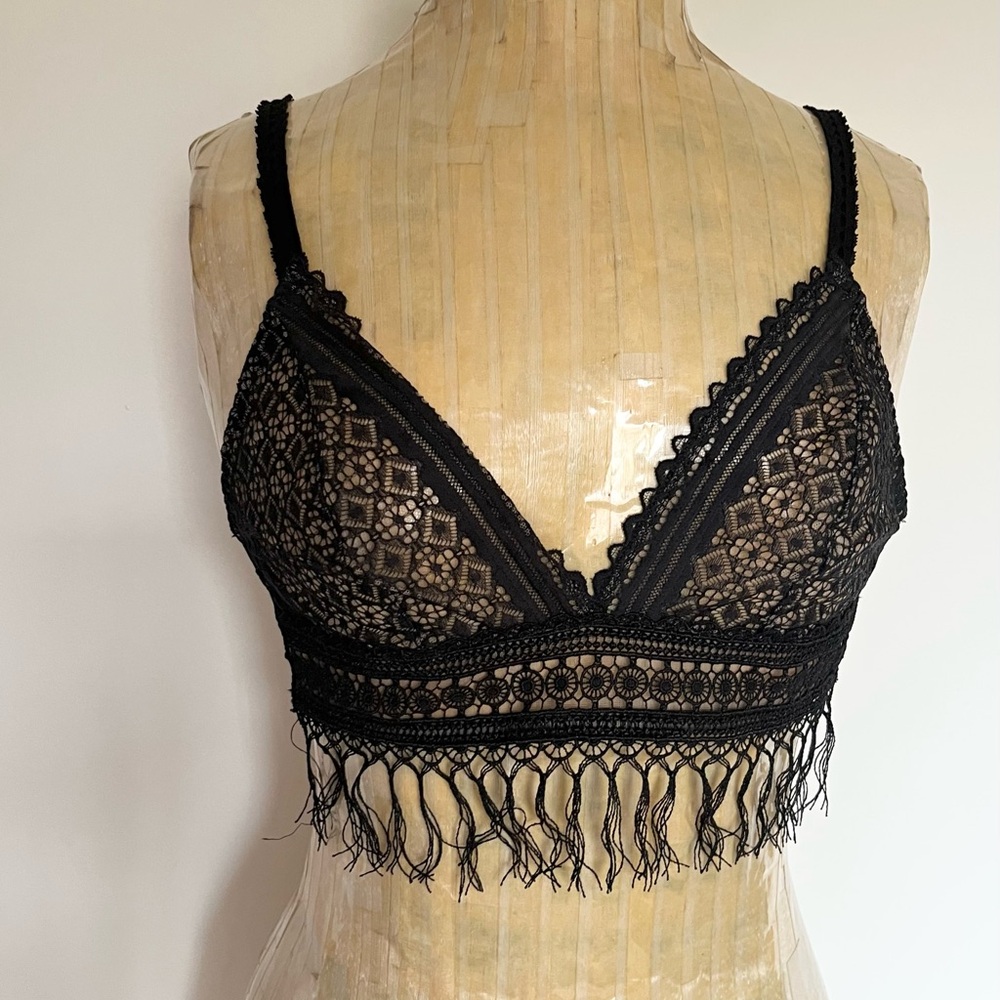 Black Lace Bralette with Fringe
